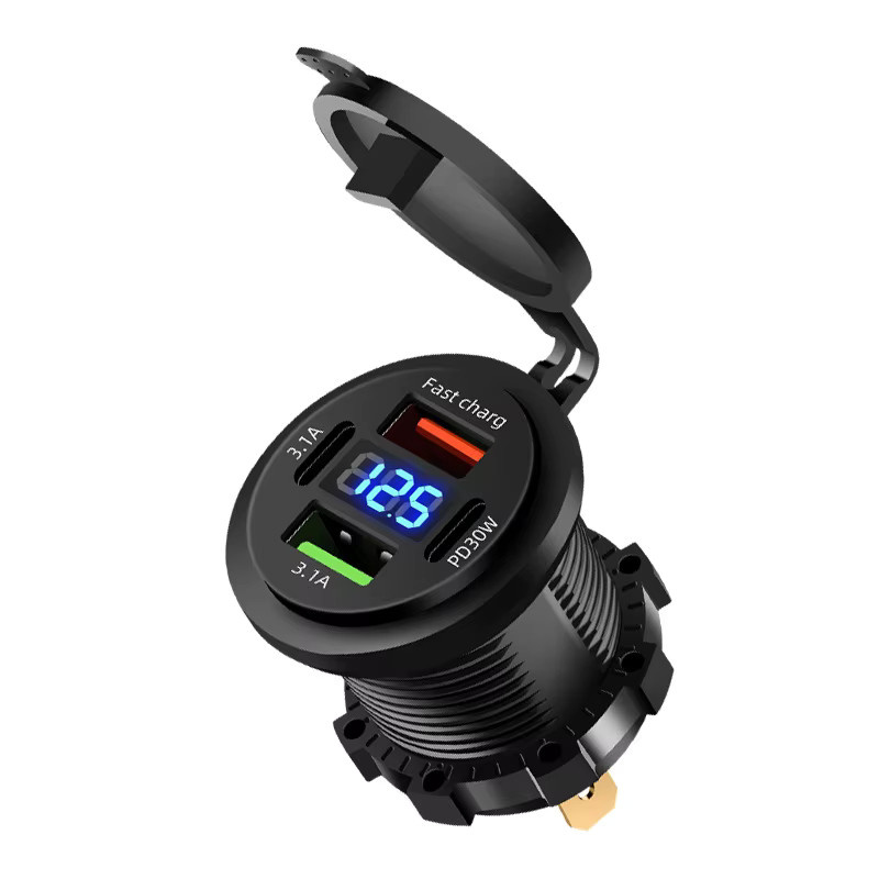 48W USB-Ladegerät mit vier Ports, PD und QC3.0, Digital-Display, Schwarz, für Auto, Wohnmobil, SUV und Boote - Bild 3
