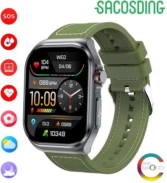 SACOSDING Smartwatch mit 2,04 Zoll AMOLED-Voll-Touchscreen, EKG, Blutdruck, Blutsauerstoffsättigung und Herzfrequenzüberwachung, Farbe: Grün - Bild 1