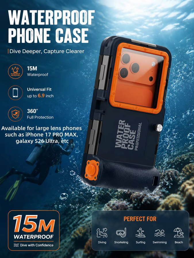 15M professionelle wasserdichte Tauchhülle in Schwarz für iPhone 17 Pro Max und S26 ULTRA zum Tauchen, Schwimmen und Fotografieren - Bild 7