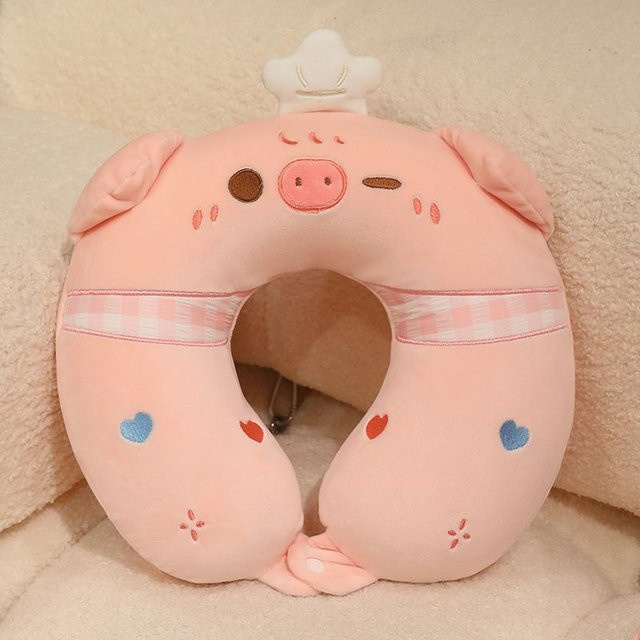 Weiches U-förmiges Nackenkissen aus Plüsch mit Memory-Foam in Tier-Design (Katze, Schwein oder Bär), Farbe: Pink, B/H: 28 x 30 cm - Bild 1
