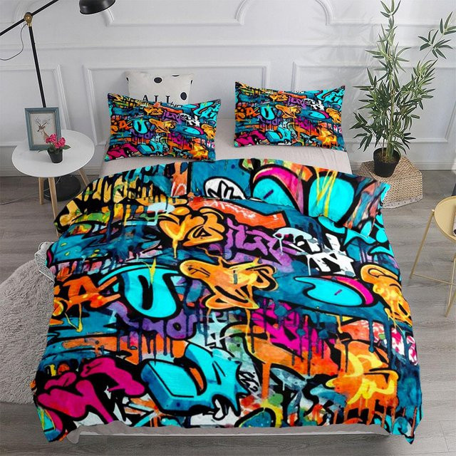 Lodestar Bettwäsche-Set New York Vororte Graffiti Kunst aus Mikrofaser, Mehrfarbig, B/H: 135 x 200 cm - Bild 1