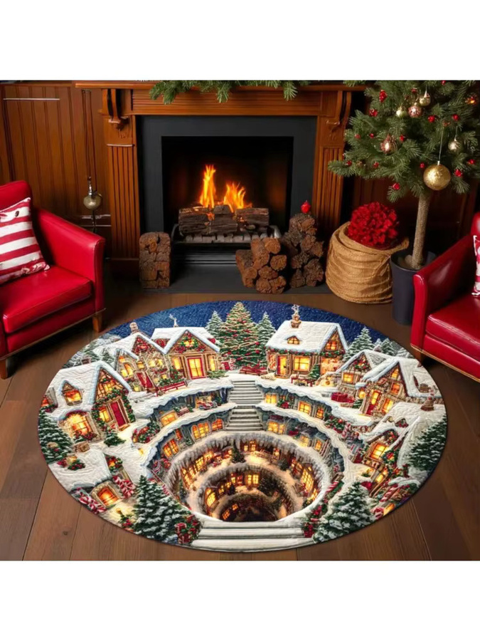 Runder 3D Illusion Teppich mit Santa Claus und Schneeszene für dein Wohnzimmer, Mehrfarbig - Bild 2
