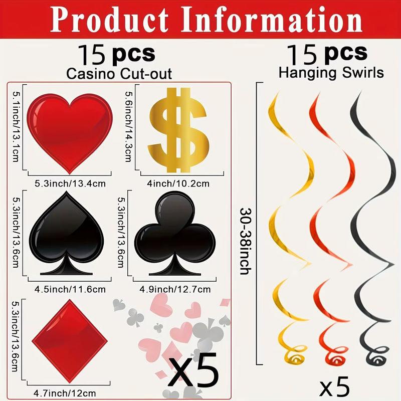 36er-Pack Casino-Partydekoration Las Vegas mit hängenden Papier-Wirbeln in Rot und Schwarz für Poker-Themenpartys - Bild 3