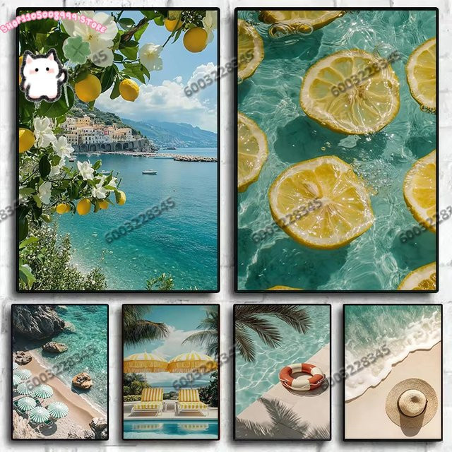 Leinwandgemälde Potdemiel Italienische Zitronen und Orangen mit Strandwellen als mediterrane Wandkunst in Mehrfarben - Bild 1