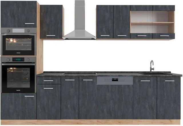 Vicco R-Line Küchenzeile in Schwarz Beton und Eiche mit Arbeitsplatte in Anthrazit, Breite: 300 cm - Bild 1
