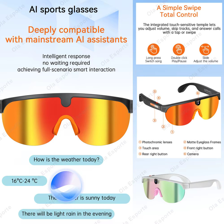 Ola Esporte KI-Smart-Fahrradbrille für Herren mit 4K HD Kamera, Videoaufnahme, Übersetzungsfunktion sowie Anruf- und Musikfunktion - Bild 5
