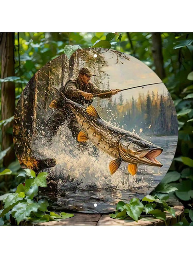 Rustikales Fischer Rundschild aus Aluminium von Potdemiel mit Big Fish River Forest Wandkunst zur Wandmontage - Bild 4