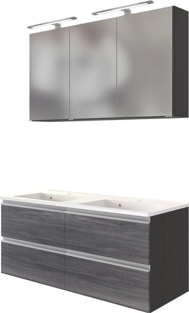 Held Möbel Waschtisch-Set Neapel 2-tlg. mit Doppel-Mineralgussbecken und Spiegelschrank, Eiche Rauchsilber-Graphitgrau, Breite: 120 cm - Bild 1