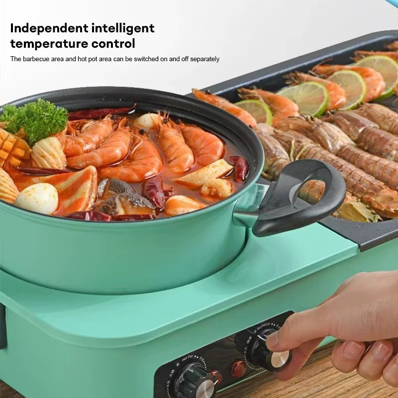 BALASHOV 3-in-1 Multikocher Elektrischer Grill Hot Pot und rauchfreier Grill in Grün mit antihaftbeschichteter Schüssel - Bild 3