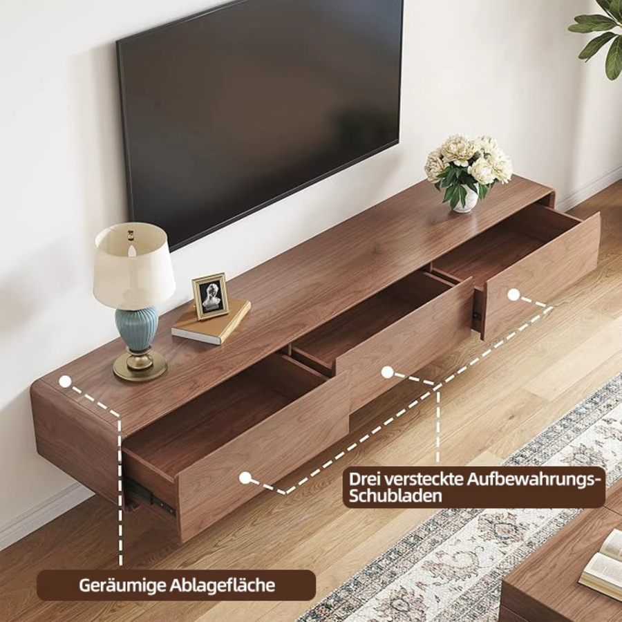 Hängendes Lowboard oleylucklive im Mid-Century Design mit 3 Schubladen, TV Schrank in Walnussoptik, Breite: 200 cm - Bild 3