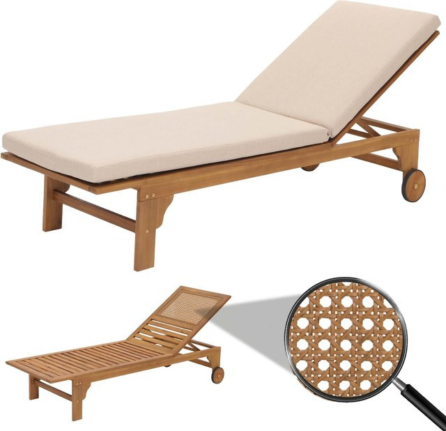 MCW Sonnenliege N48 aus Massiv-Holz Akazie mit Kissen in Beige - Bild 1