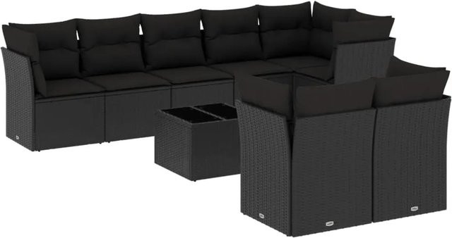 vidaXL 9-tlg Garten-Sofagarnitur Modell 3 aus Poly Rattan mit Kissen in Schwarz - Bild 1