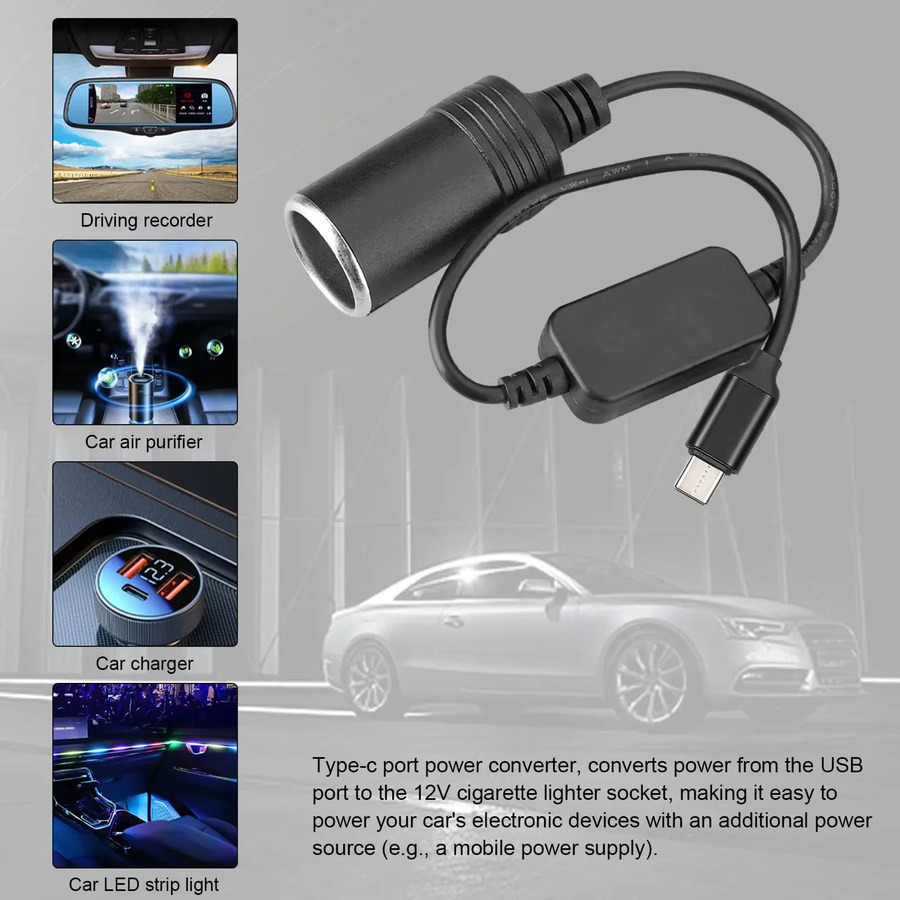 Kebidumei 5V zu 12V Zigarettenanzünder-Adapter mit USB-C Typ C Stecker auf Buchse in Schwarz - Bild 3