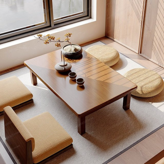Rechteckiger Tatami-Kaffeetisch aus Massivholz in Braun für Balkon und Erkerfenster - Bild 1