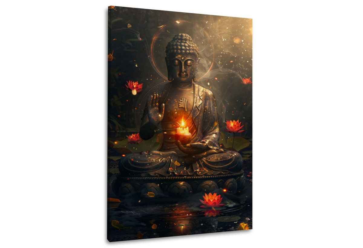 Artedinoi Leinwandbild Spiritueller Buddha im Wasser mit Licht und Flamme - Bild 1