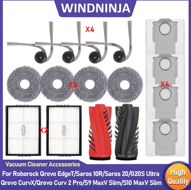 Roborock Ersatzteil-Set für Qrevo EdgeT, Saros 10R, G20S Ultra, Qrevo CurvX und S9 MaxV Slim Roboterstaubsauger mit Filter, Hauptbürste, Seitenbürste, Staubbeutel und Wischmopp - Bild 1