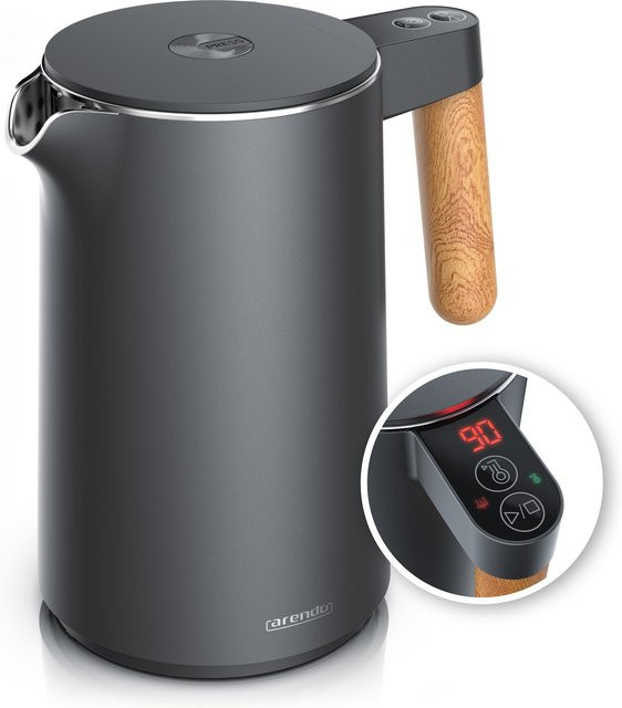 Arendo Wasserkocher Edelstahl mit Temperatureinstellung und Touch-Display, 1,5 l, 2200 W, Doppelwandig, Silber/Anthrazit - Bild 1