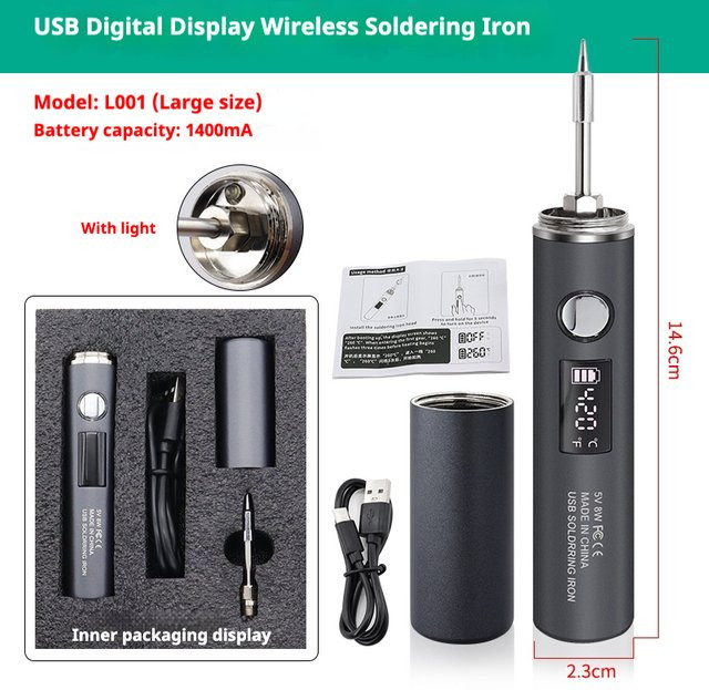 JCD Akkubetriebener USB-Lötkolben mit 1400mAh Akku, kabelloser elektrischer Lötkolben zum Schnellladen in Schwarz - Bild 1