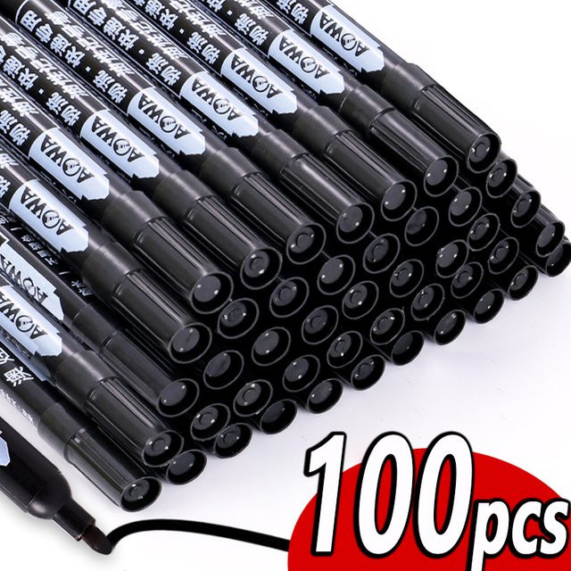 Deli Permanent-Markierungsstifte im 100er Set mit breitem Kopf, wasserfeste ölige Tinte, schnell trocknend, Farben: Schwarz, Rot, Blau - Bild 1