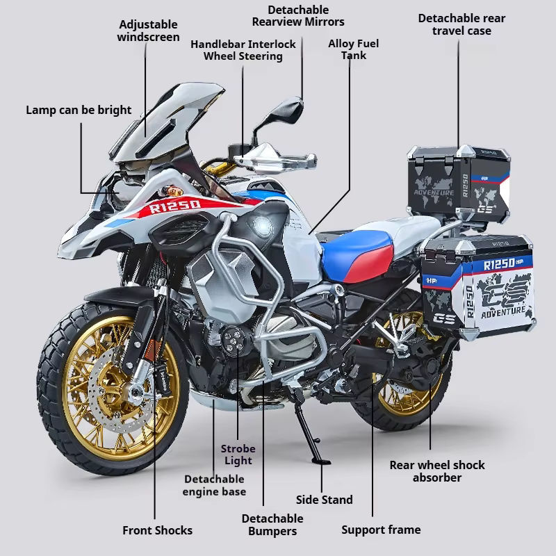 BMW GS R1250 ADV Motorradmodell aus Legierung in Schwarz mit Sprühfunktion im Maßstab 1:7 - Bild 3