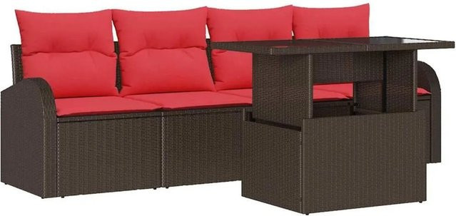 vidaXL Gartensofa-Set aus Poly-Rattan mit 5 Kissen in Braun und Rot - Bild 1