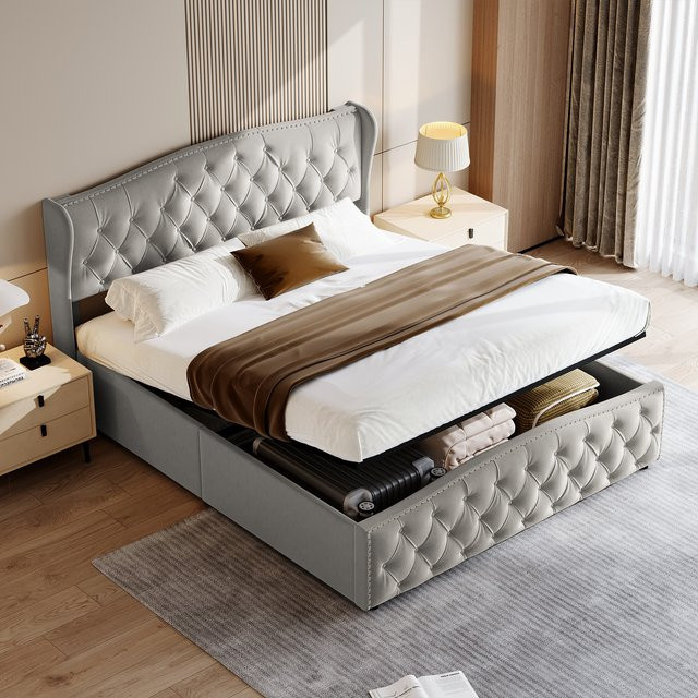 Rosahqnda Polster-Doppelbett mit Stauraum und hydraulischem Aufklappmechanismus, B/T: 140 x 200 cm, Beige/Grau - Bild 1