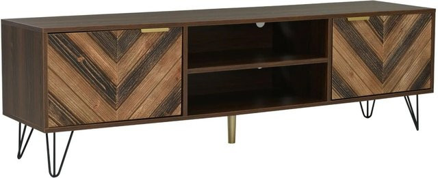 PXloue TV-Schrank aus Massivholzfurnier in Braun mit 2 Türen, Fächern, Goldgriffen und Eisenfüßen, B/H/T: 155 x 38 x 48 cm - Bild 1