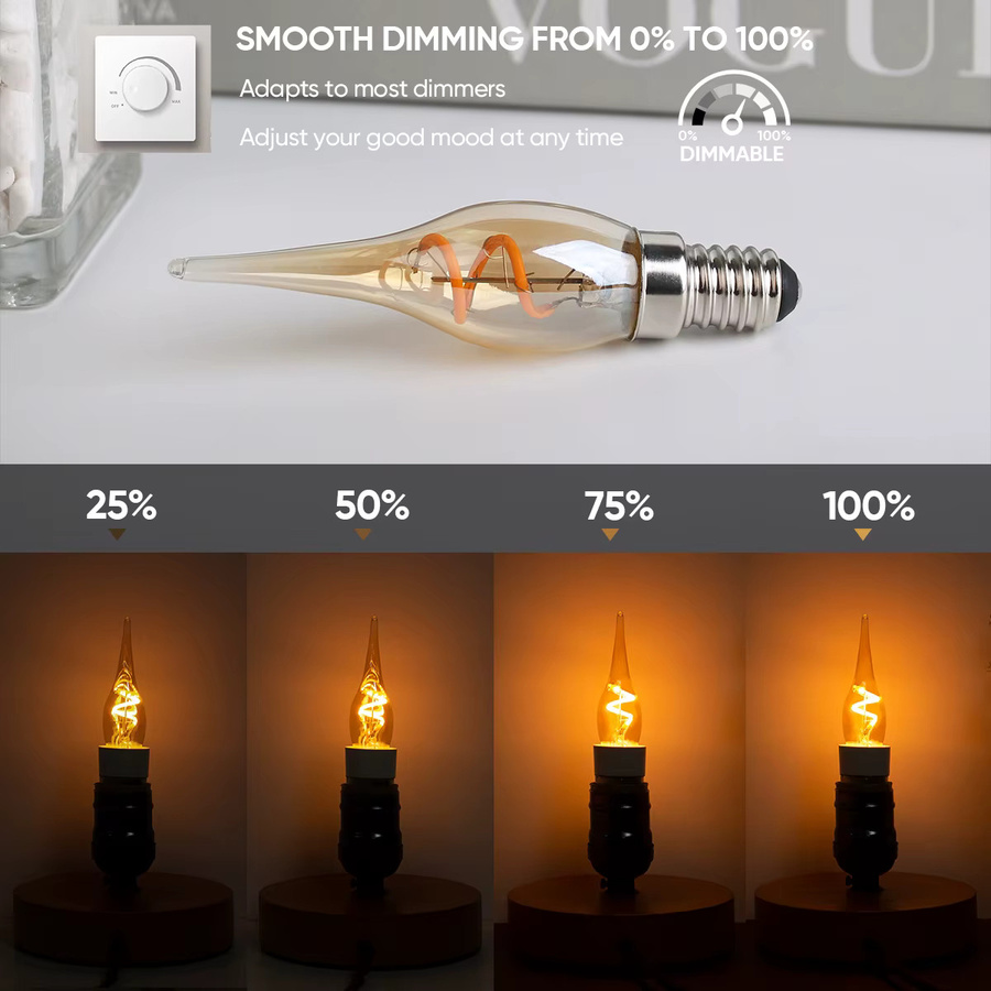 Grensk Retro LED Kerzenlampe mit Spiralform und Flammenform, E14 Basis, 1,5 W, Warmweiß 2200K, dimmbar, Transparent - Bild 3