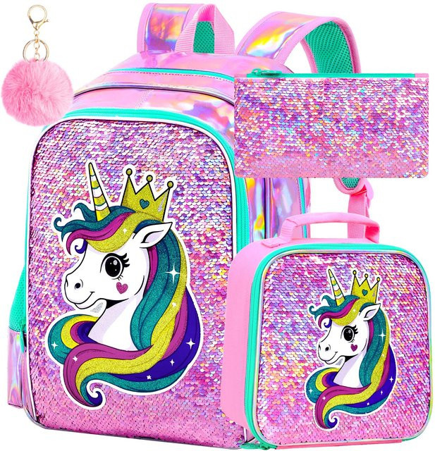 3-teiliges Einhorn Rucksack Set von Fancy Style Studio in Pink und Multicolour mit Glitzer Pailletten, Schultasche, Brotdose und Federmäppchen für Mädchen - Bild 1