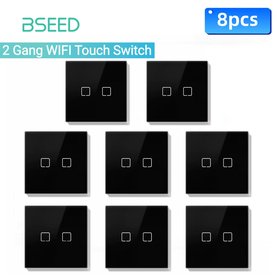 BSEED E-Serie WLAN-Touch-Schalter mit schwarzem Glaspanel, 2-fach Wandschalter für Tuya Smart Life und Alexa App-Steuerung, Gelbe Hintergrundbeleuchtung, 10A, 8er Pack - Bild 6