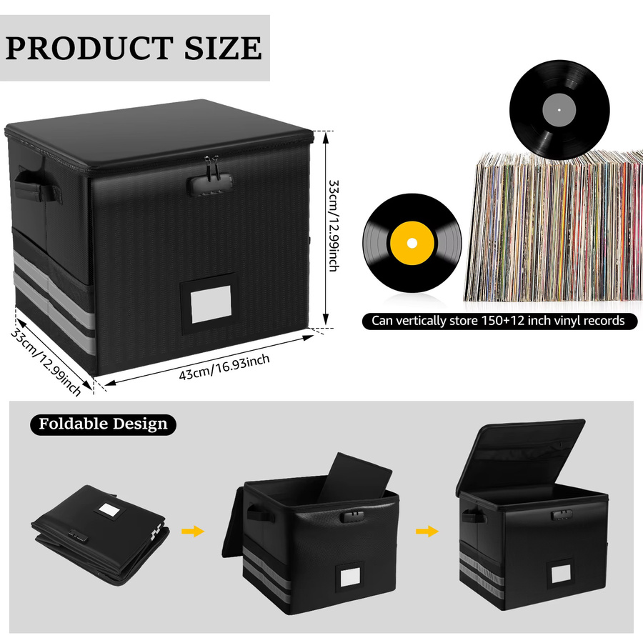 Willstar Faltbarer Organizer mit Schloss, Feuerfeste und Wasserdichte Schallplatten-Aufbewahrungsbox aus Stoff in Schwarz, B/T/H: 43,0 x 33,0 x 33,0 cm - Bild 2