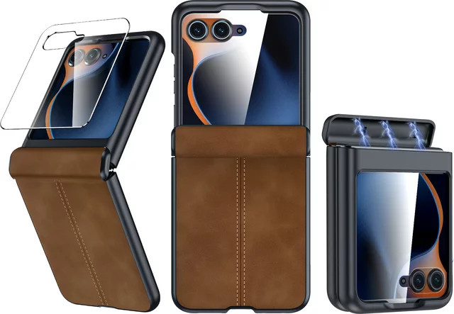 BANGZAO PU-Leder Hülle mit Scharnierschutz und Displayschutzfolie für Motorola Razr 70 2025, Razr 60 2025 und Razr 50 2024 in Braun - Bild 1
