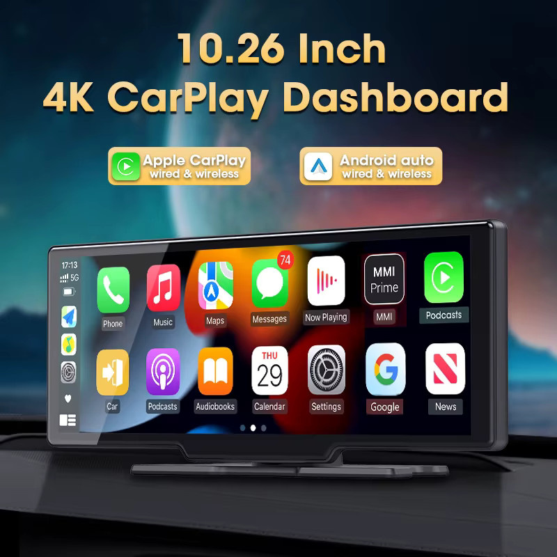 Srnubi Dash Cam Rückspiegel mit 10,26 Zoll Display, 4K DVR Navigation Player mit Wireless CarPlay & Android Auto, Dual Len Recorder, WIFI 5.0 & Bluetooth, Schwarz - Bild 2