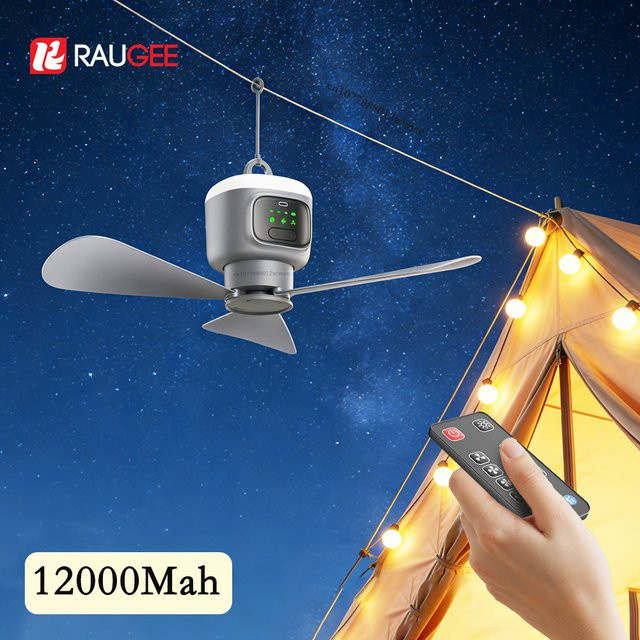 Tragbarer Outdoor-Camping-Deckenventilator von ragee in Grau mit 12000mAh Akku, LED-Licht und Fernbedienung, USB-aufladbar - Bild 1