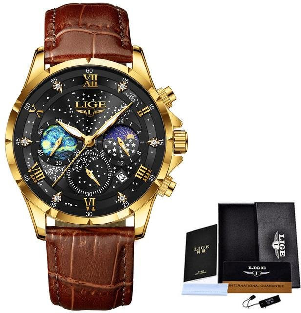 LIGE Armbanduhr, Quarz, Edelstahl, Leder, Gold, Herren, 42 mm - Bild 1