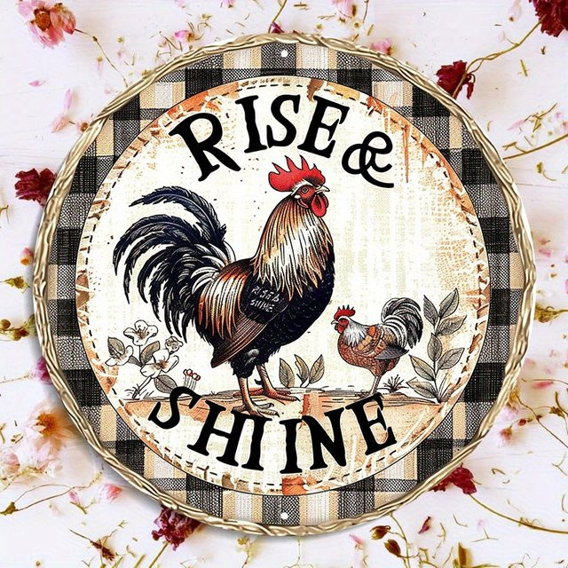 Potdemiel Rise and Shine Hahn Aluminiumschild in Vintage-Optik, Wanddekoration und Türhänger, B/B: 20,3 x 20,3 cm, Mehrfarbig - Bild 1