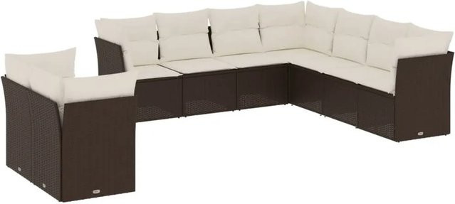 vidaXL 9-teilige Garten-Sofagarnitur in U-Form aus braunem Poly-Rattan mit cremeweißen Kissen und Stauraum - Bild 1
