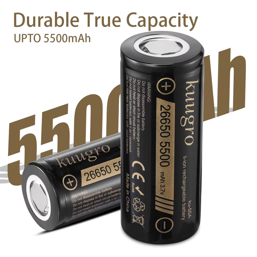 Kuugro Ku-55A 26650 Lithium-Ionen-Akku, 3,7 V, 5500 mAh, Schwarz - Bild 2