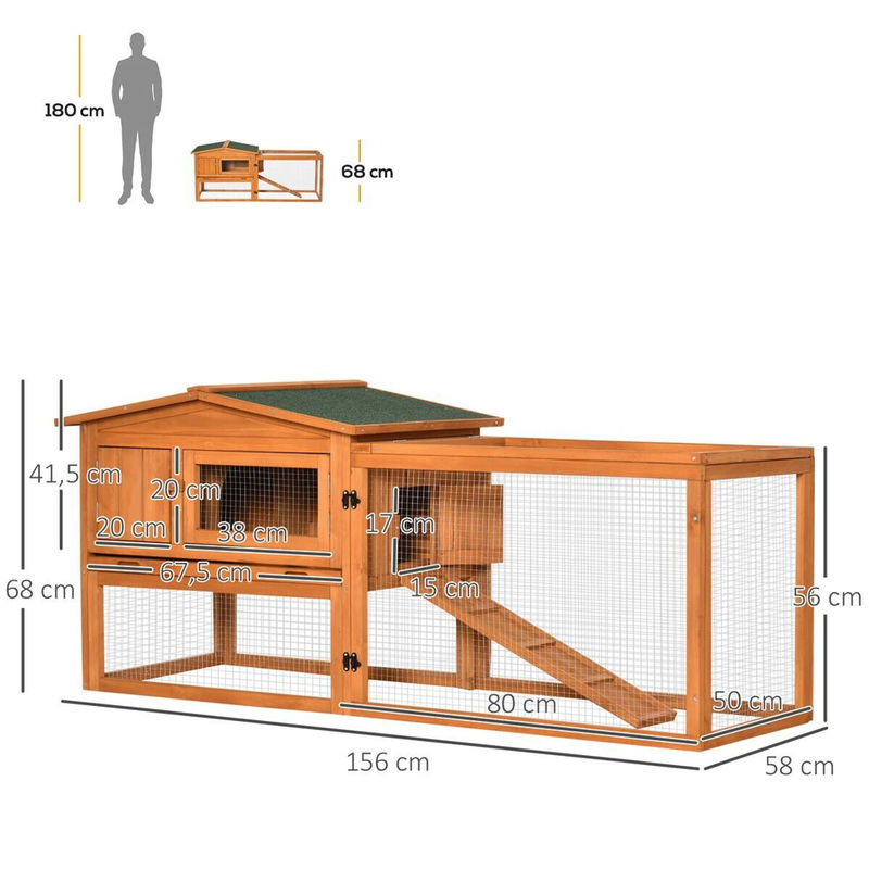 PawHut Kaninchenstall aus Tannenholz mit Asphaltdach und Rampe in Orange, B/H/T: 58 x 156 x 68 cm - Bild 2