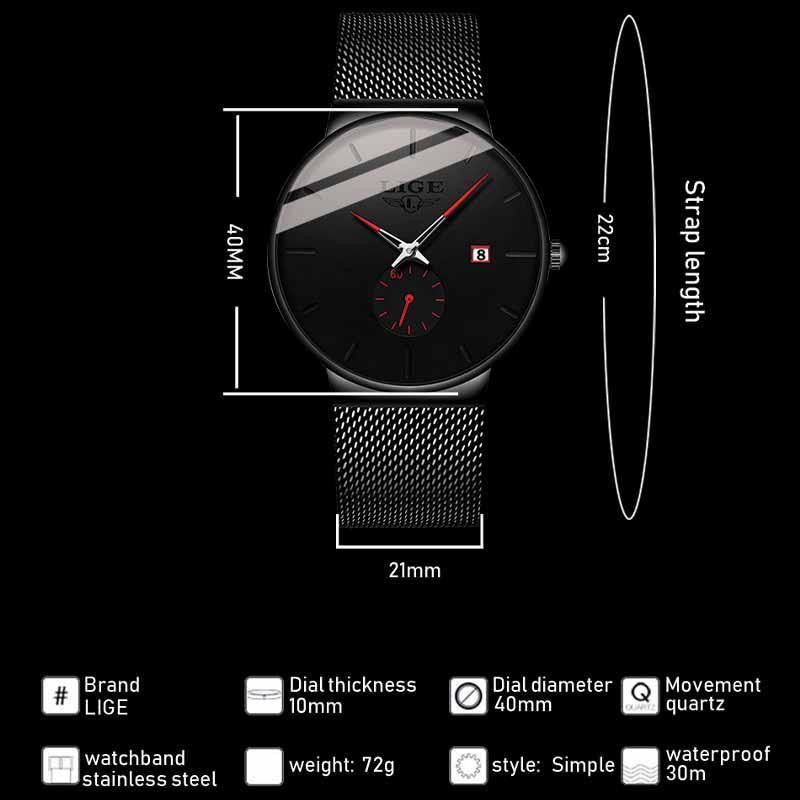LIGE Armbanduhr, Quarz, Edelstahl, Schwarz, 42 mm, Unisex - Bild 4