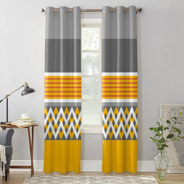 Super Six Moderne Fenster Vorhänge mit geometrischem Streifenmuster in Gelb und Grau, halbtransparent, Breite: 135 cm, Höhe: 60 cm - Bild 1