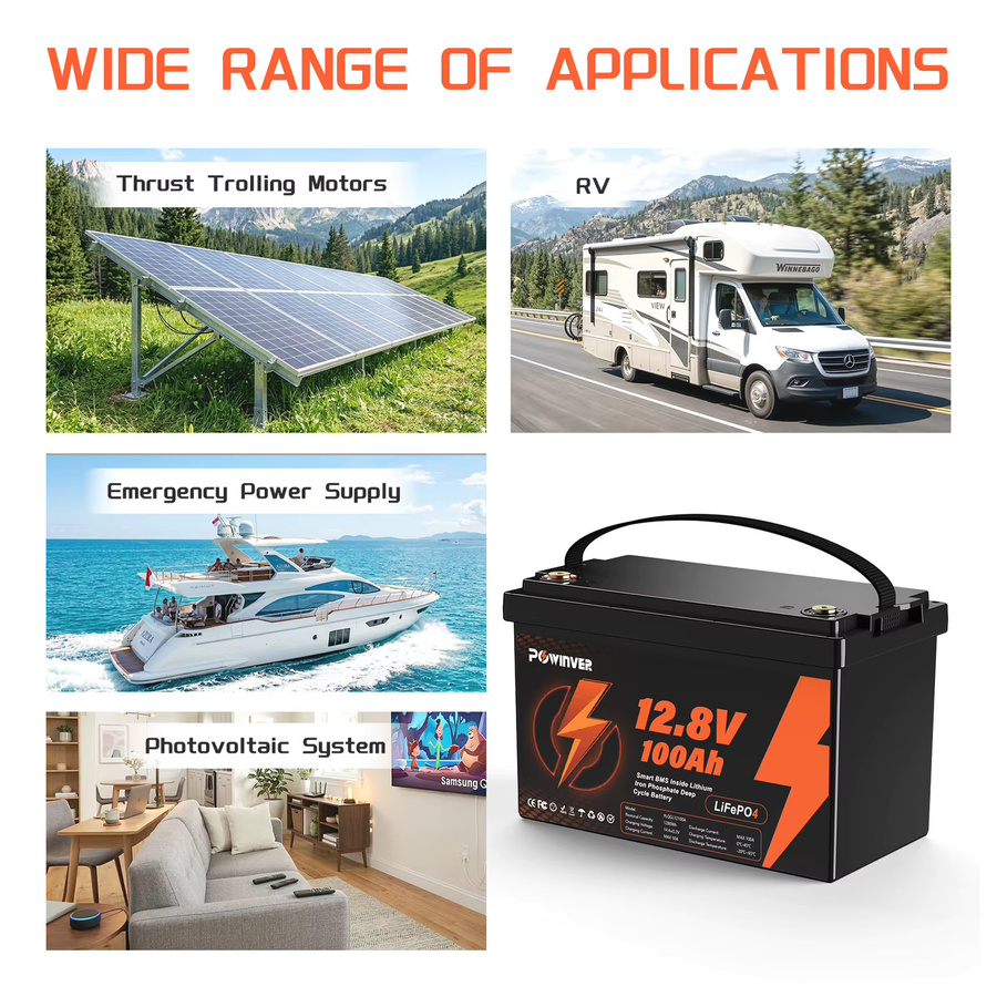 POWINVE LiFePO4 Batterie 12,8V 100Ah mit Smart BMS, 1280Wh Deep Cycle Lithium-Eisenphosphat-Akku in Schwarz für Solar, Wohnmobile und Boote - Bild 6