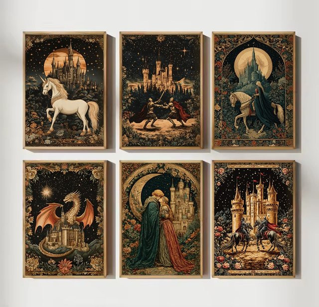 Vintage Renaissance Leinwandmalerei mit Ritter, Schwert, Schloss und Drache als Wandkunst im Portraitformat - Bild 1