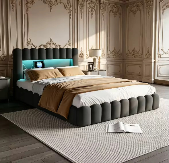 ROSAHQNDA Polsterbett mit Stauraum, Grau, B/T/H: 140 x 200 cm, modernes Doppelbett mit USB-Anschluss und LED-Beleuchtung - Bild 2