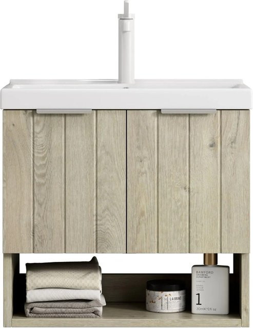 PXloue Badmöbel Waschtisch mit Unterschrank Wandhängend, Keramik Waschbecken, Eiche Creme und Beige, Breite: 55 cm - Bild 1