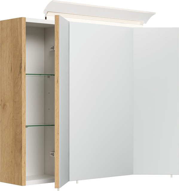 Posseik Spiegelschrank in Eiche Gold mit LED-Acrylglaslampe und Glasböden, Breite: 75 cm - Bild 1