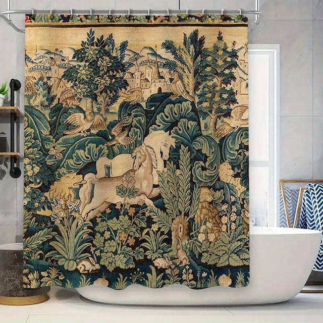Rustikaler Vintage Wandteppich von JMG Household Supplies mit floraler Tierstickerei in Grün, Blau und Gold, Breite: 300 cm, Höhe: 180 cm - Bild 1
