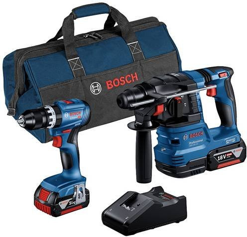Bosch Professional 2-teiliges 18V Akku-Kombi-Set mit Akku-Schlagbohrschrauber GSB 18V-45, Akku-Bohrhammer GBH 18V-22, 2 x 4,0Ah Akkus und Schnellladegerät in Blau - Bild 1