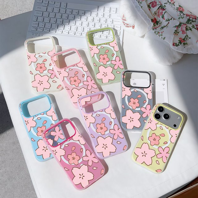 Potdemiel 2-in-1 MagSafe Handyhülle mit Kirschblüten-Design für iPhone 17 16 15 14 13 Pro Max Plus, Transparent Pink, Matte Weiche Abdeckung - Bild 1