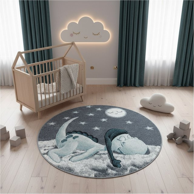 Spielteppich COGNE von Kadima Design in Blau mit Dino-Motiv, rund, Durchmesser: 120 cm - Bild 1